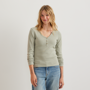 Women's Long-Sleeve Ribbed Henley T-Shirt - Stripe