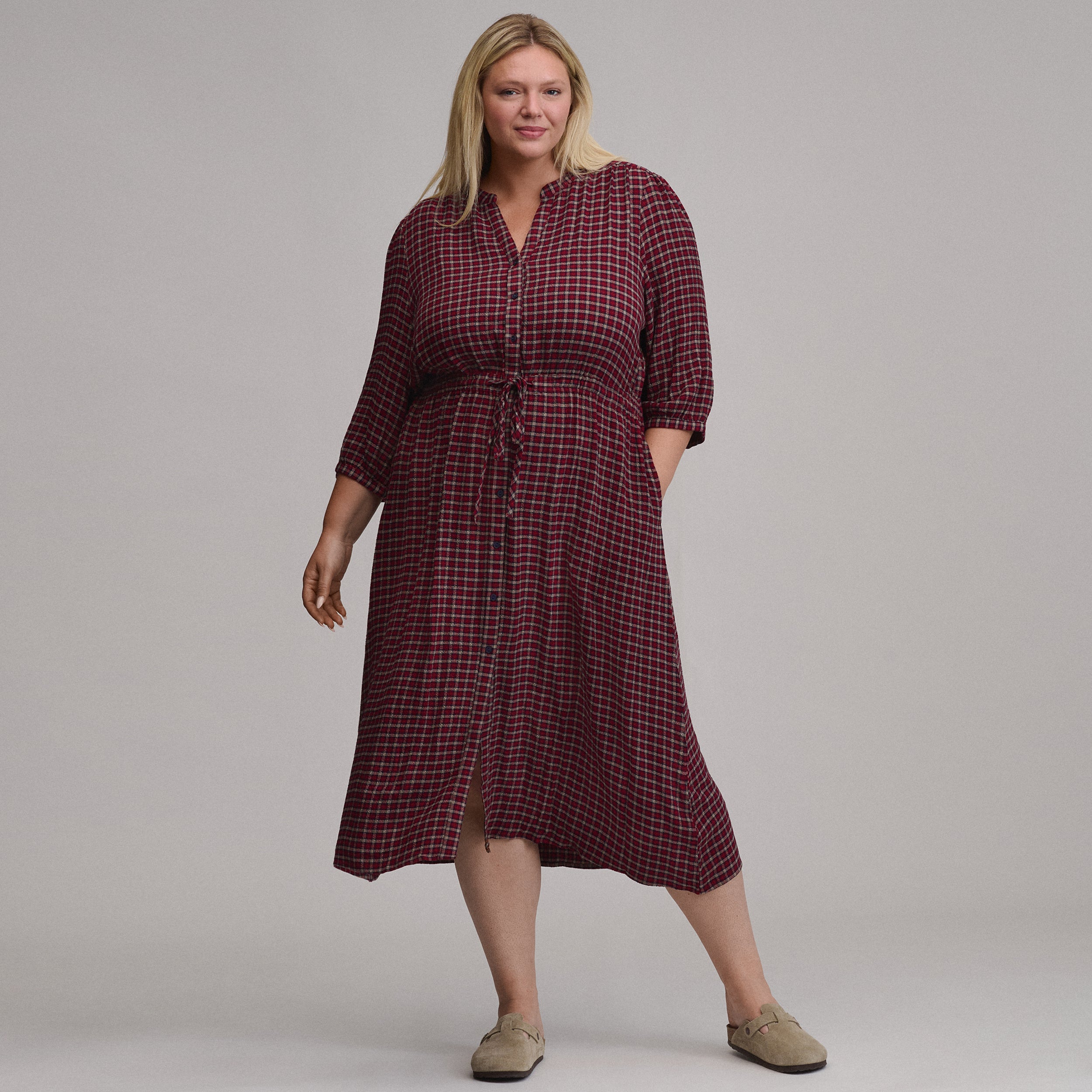 Women's Plaid Button Front Belted Midi Dress - Image 16