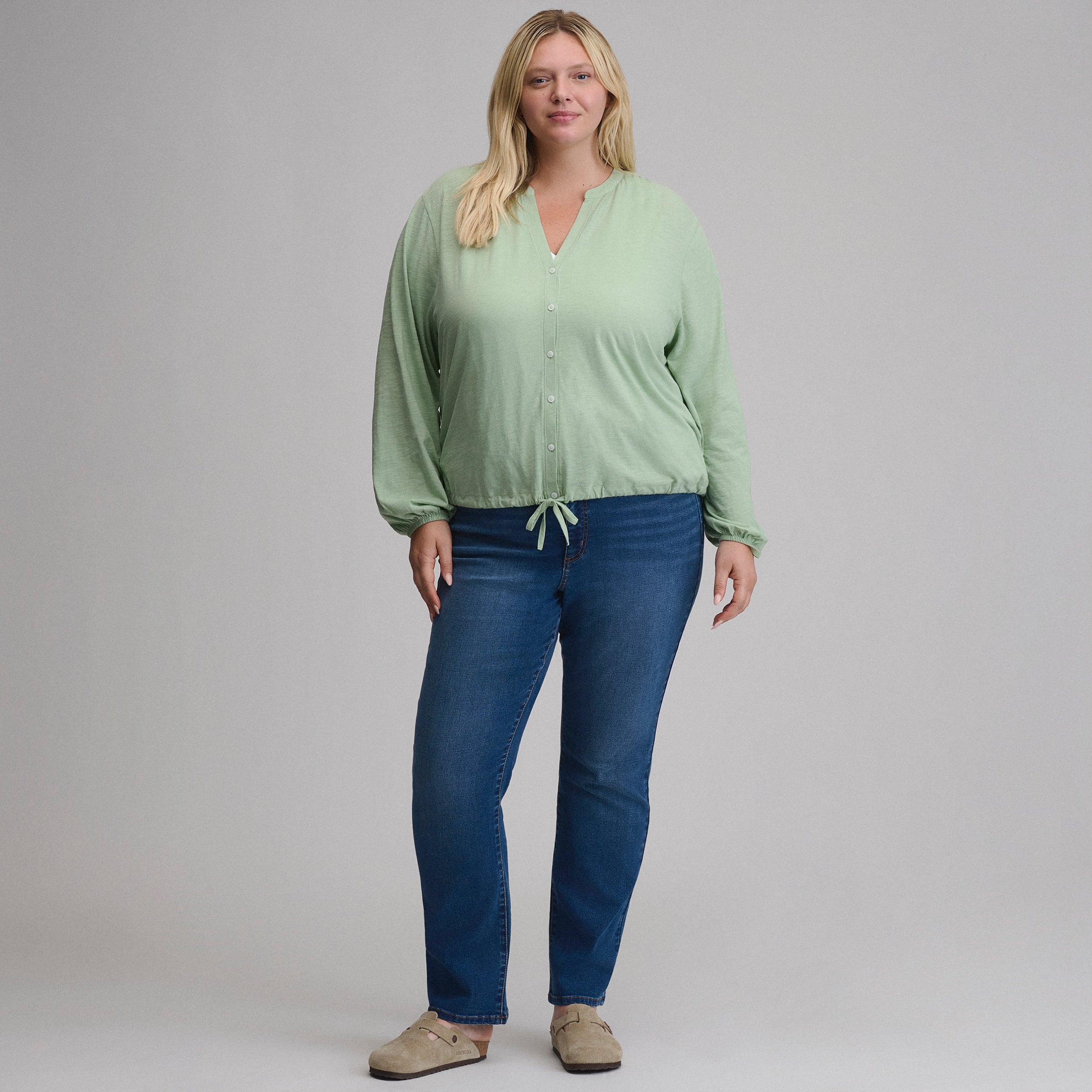 Women's Long-Sleeve Button Front Drawstring Hem Top - Image 4