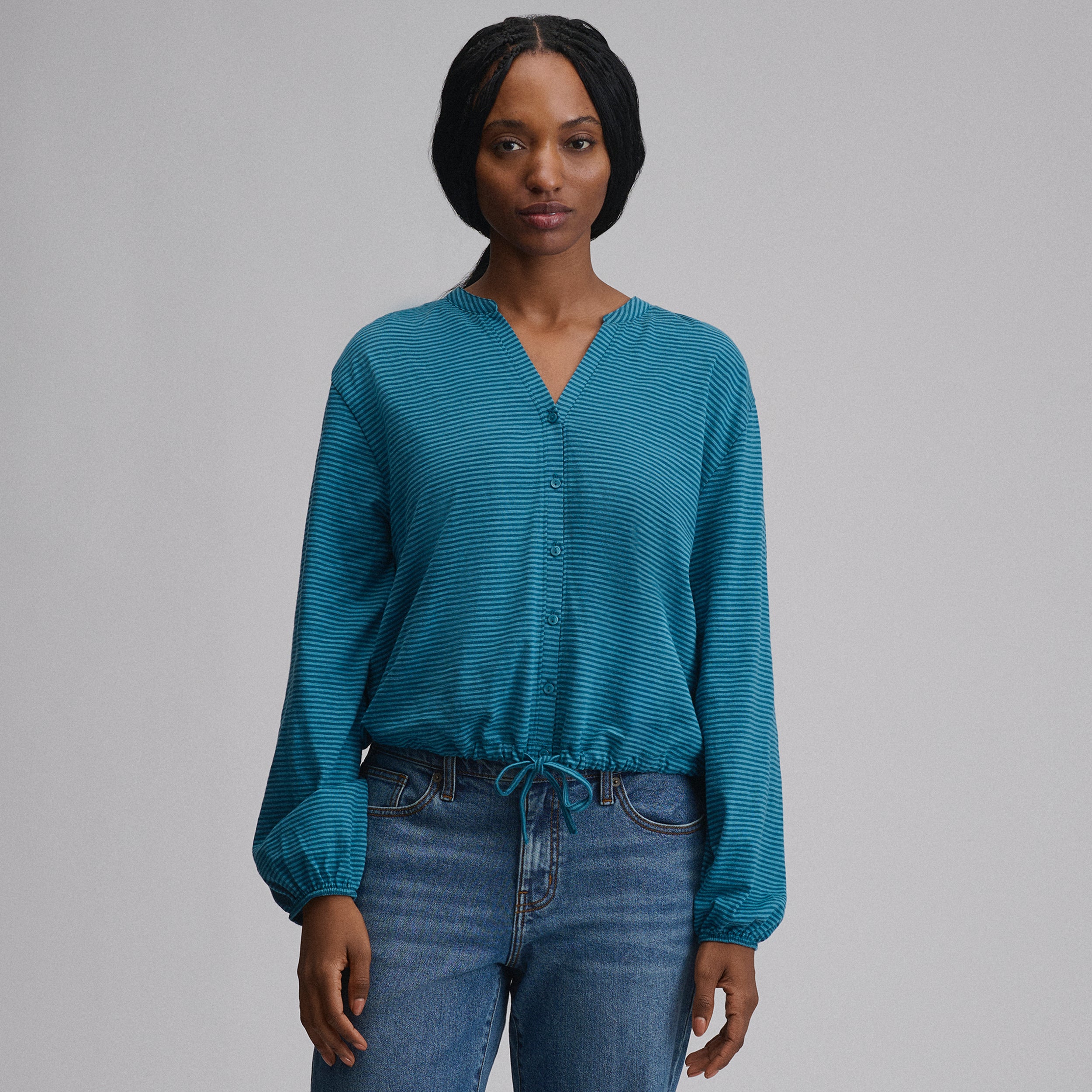 Women's Long-Sleeve Button Front Drawstring Hem Top - Image 5