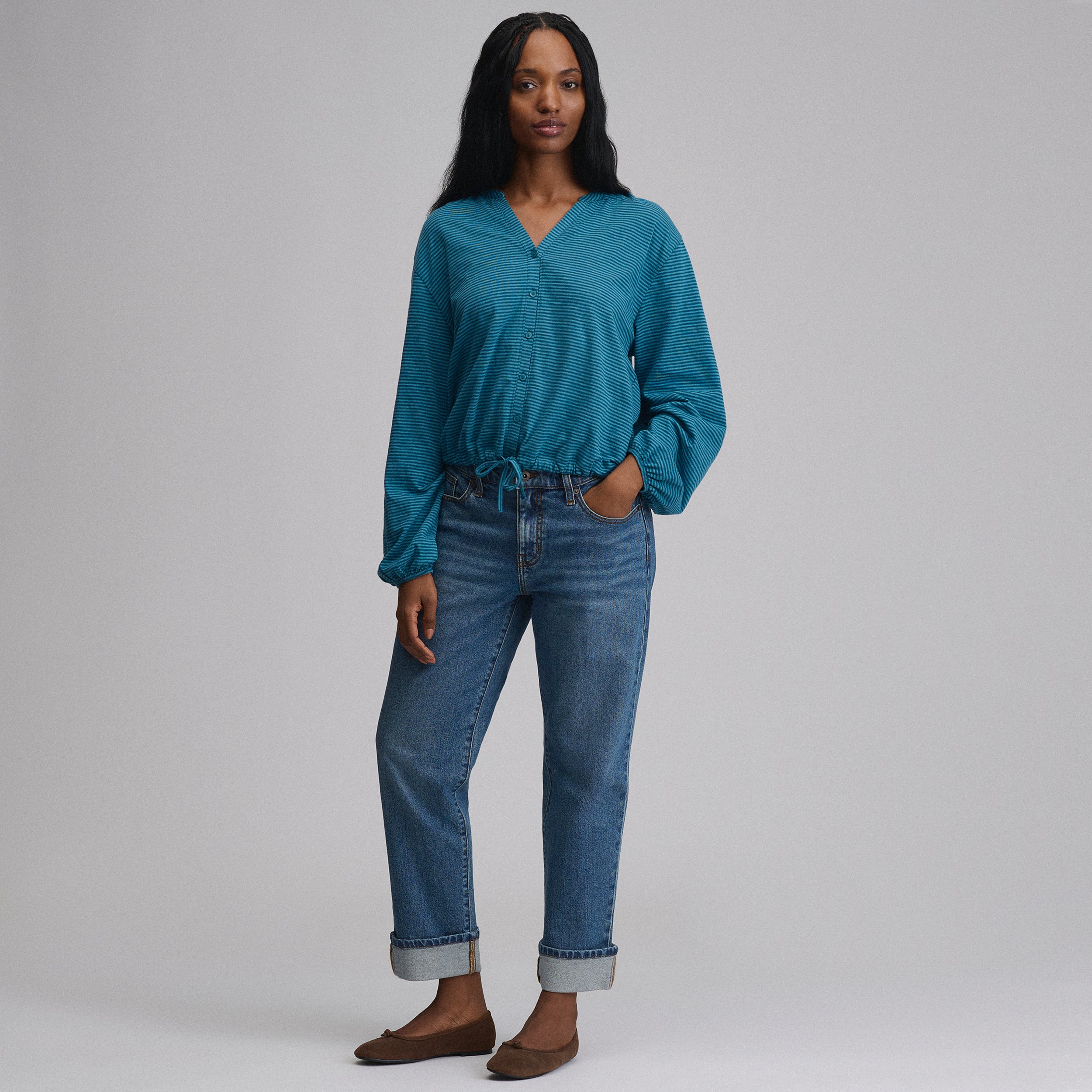 Women's Long-Sleeve Button Front Drawstring Hem Top - Image 8