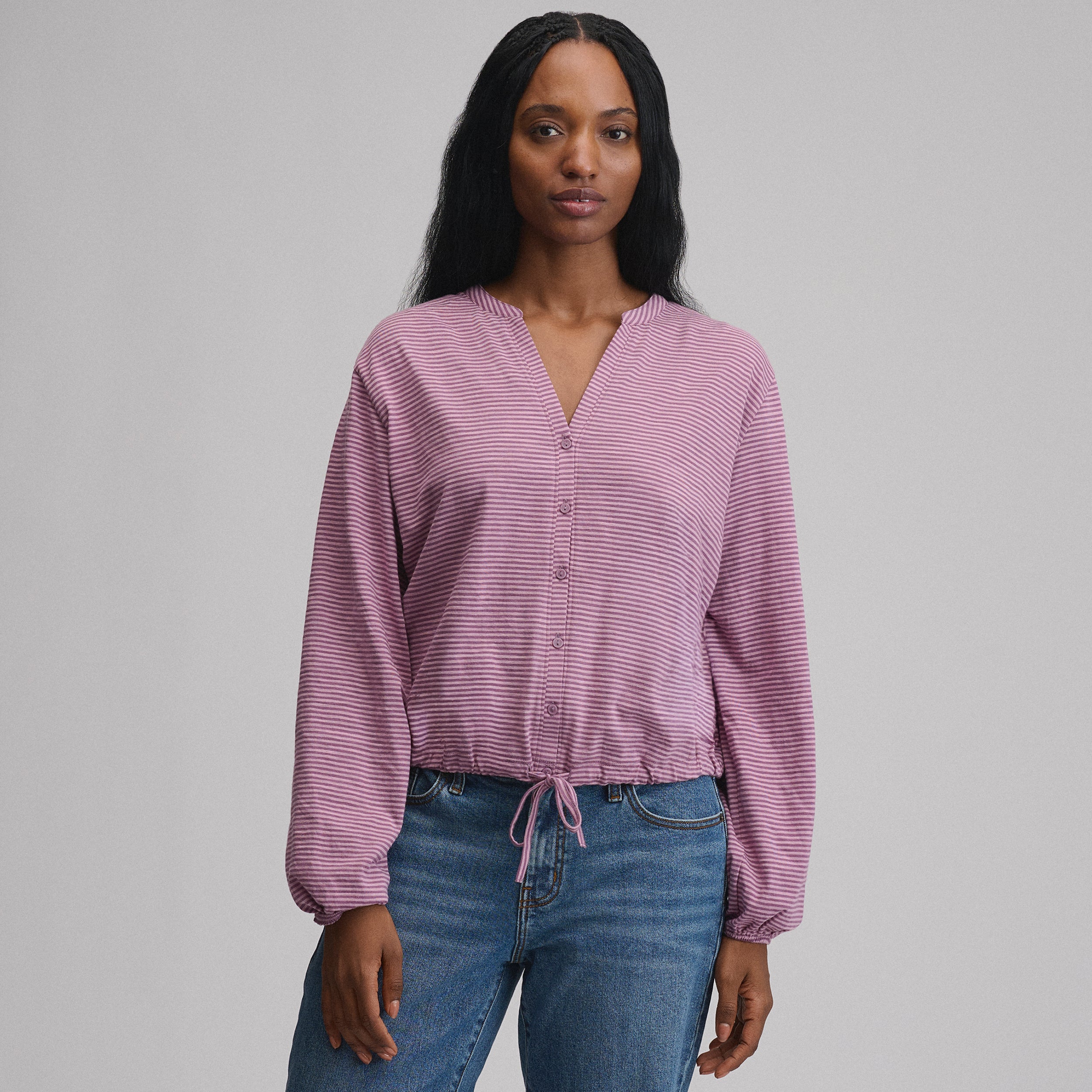 Women's Long-Sleeve Button Front Drawstring Hem Top - Image 9