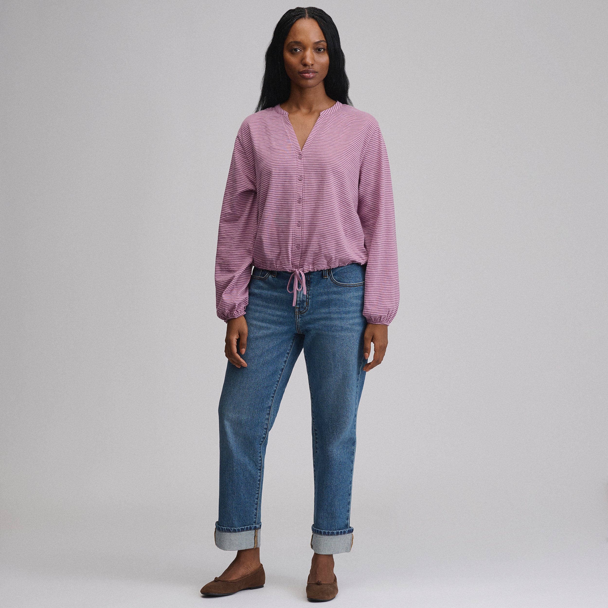 Women's Long-Sleeve Button Front Drawstring Hem Top - Image 12