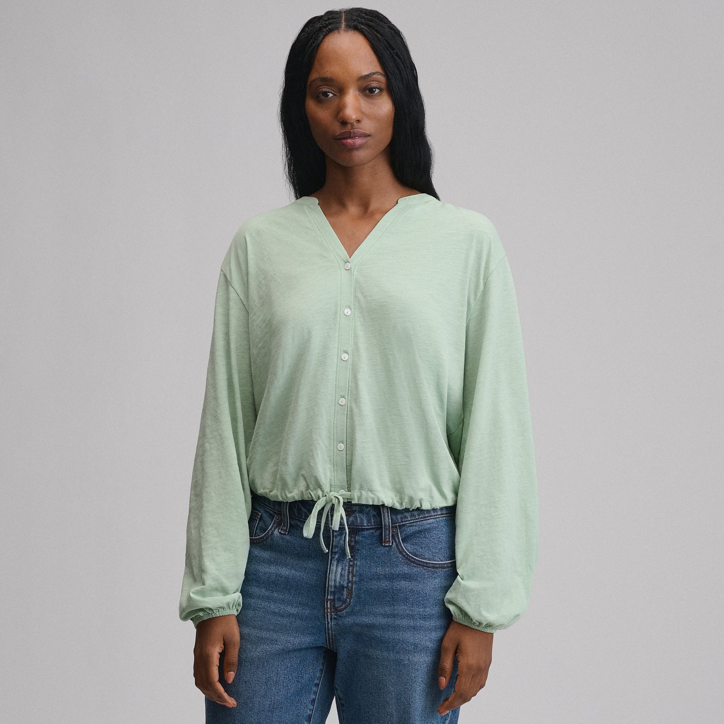 Women's Long-Sleeve Button Front Drawstring Hem Top - Image 13
