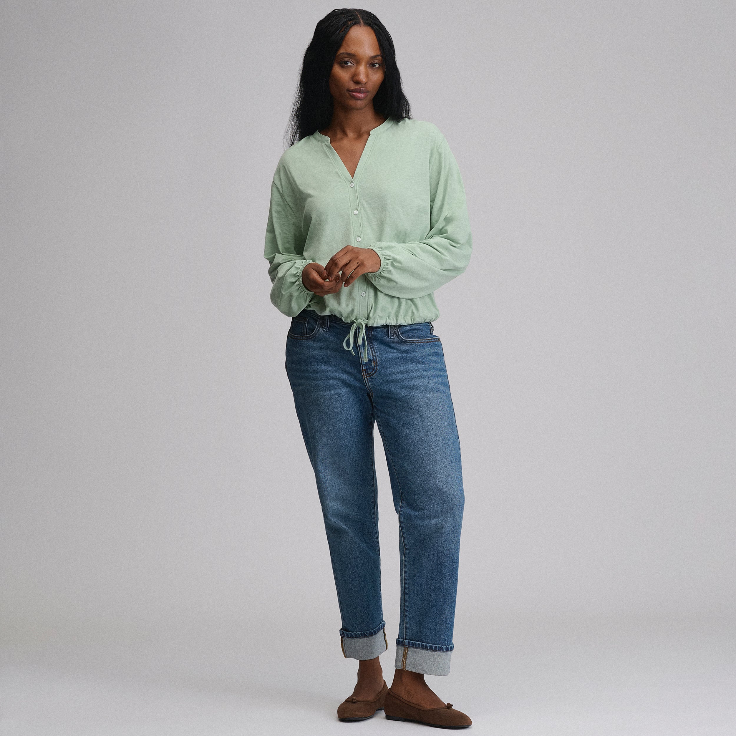 Women's Long-Sleeve Button Front Drawstring Hem Top - Image 16