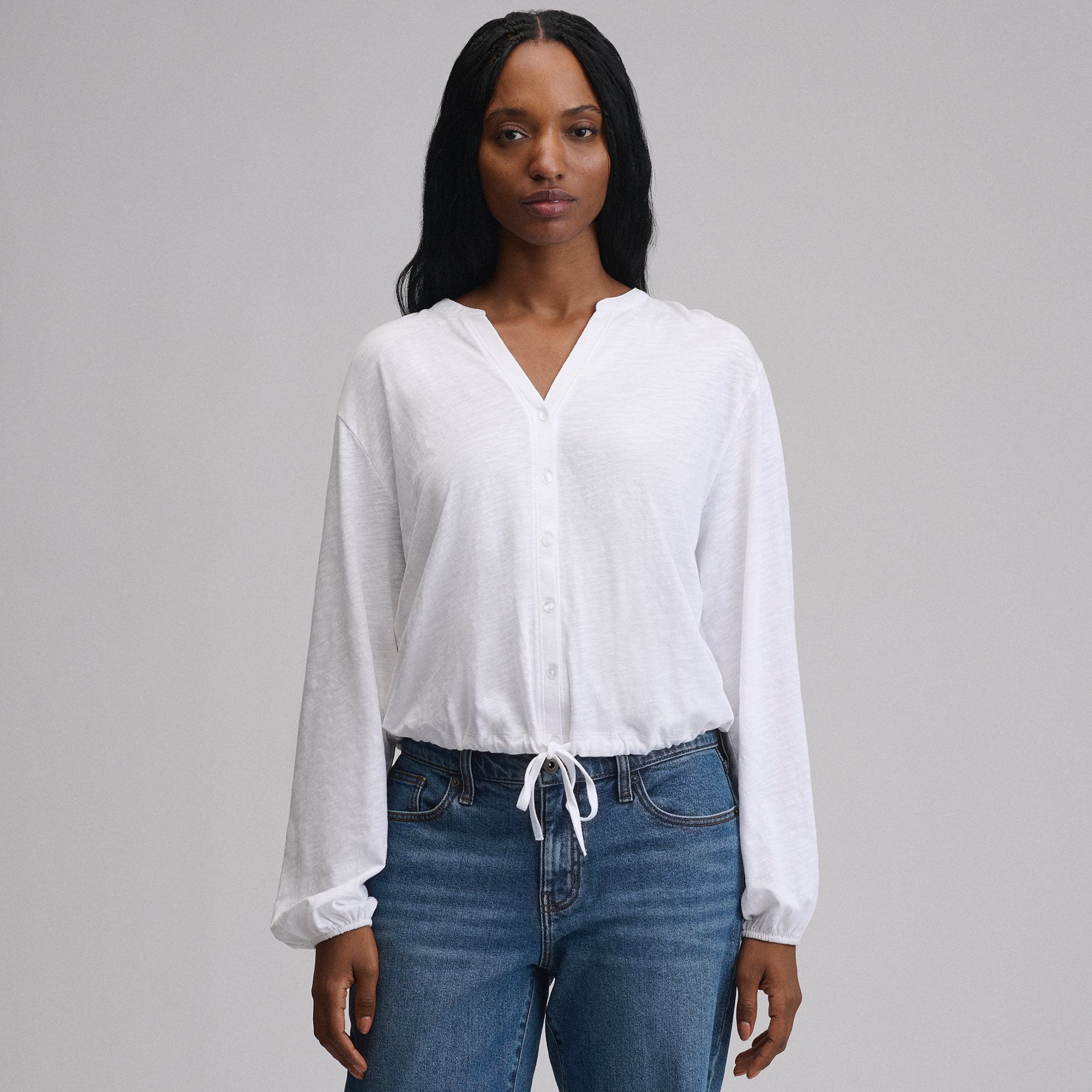 Women's Long-Sleeve Button Front Drawstring Hem Top - Image 17