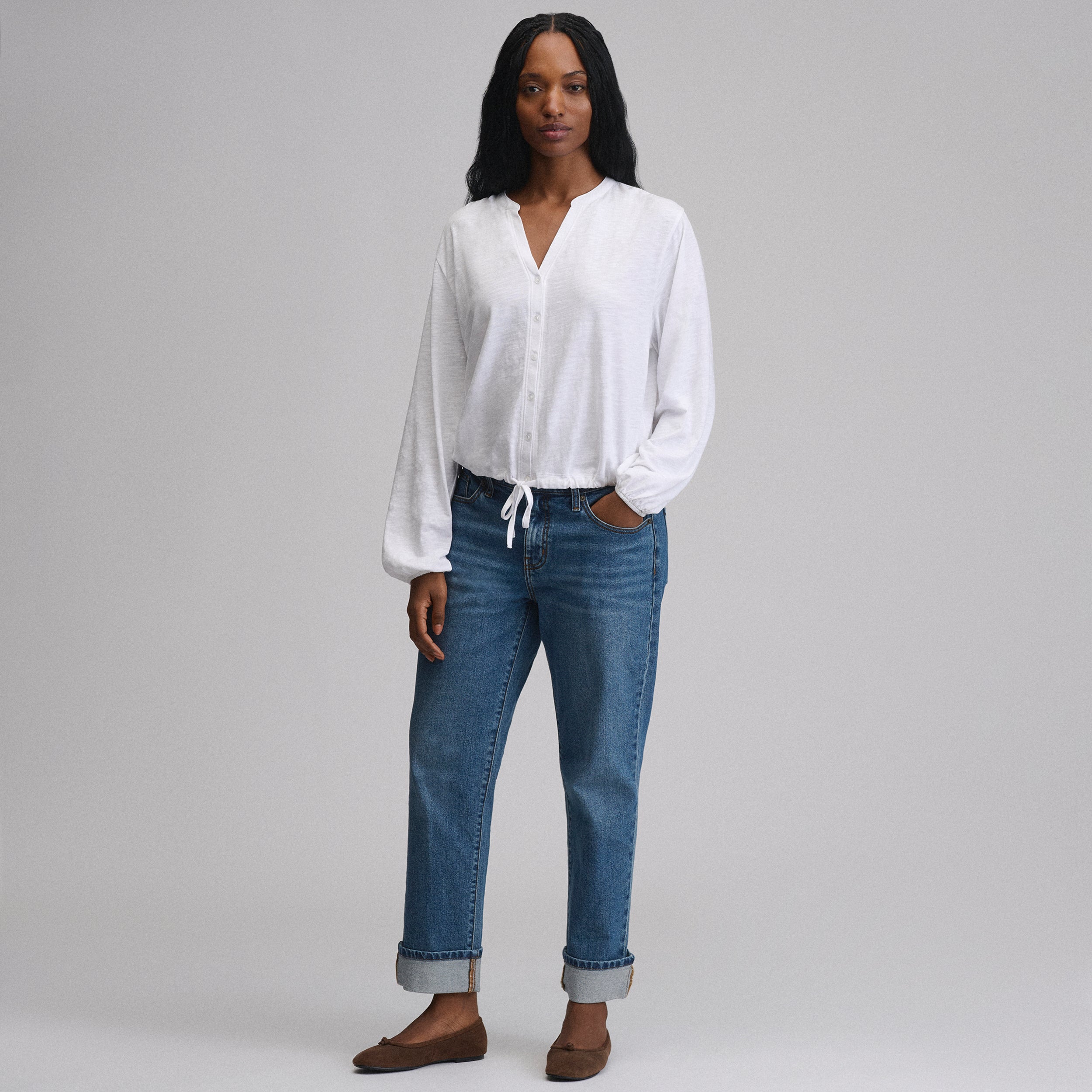 Women's Long-Sleeve Button Front Drawstring Hem Top - Image 20