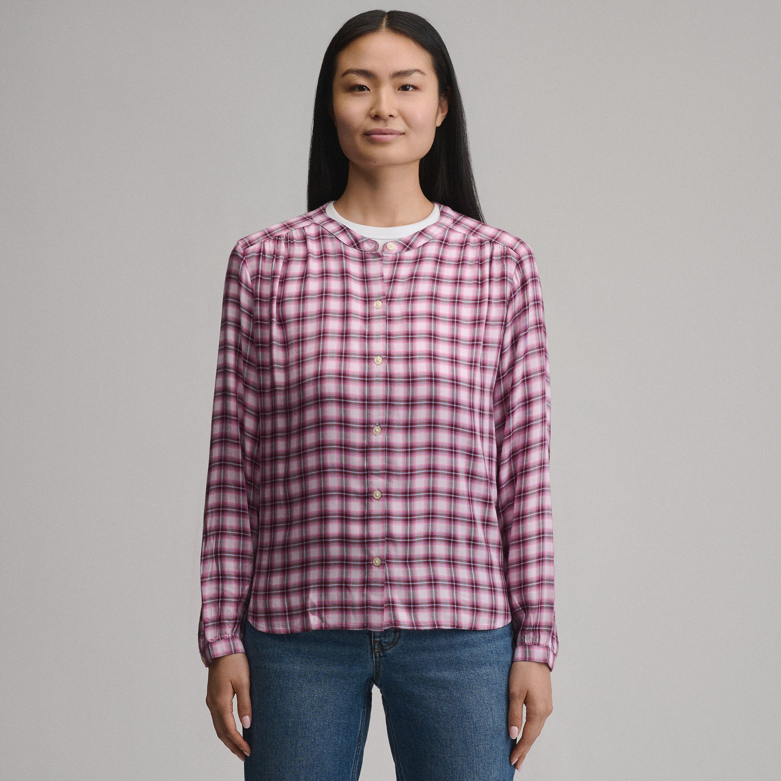 Women's Long-Sleeve Collarless Drapey Plaid Button-Down Shirt - Image 9