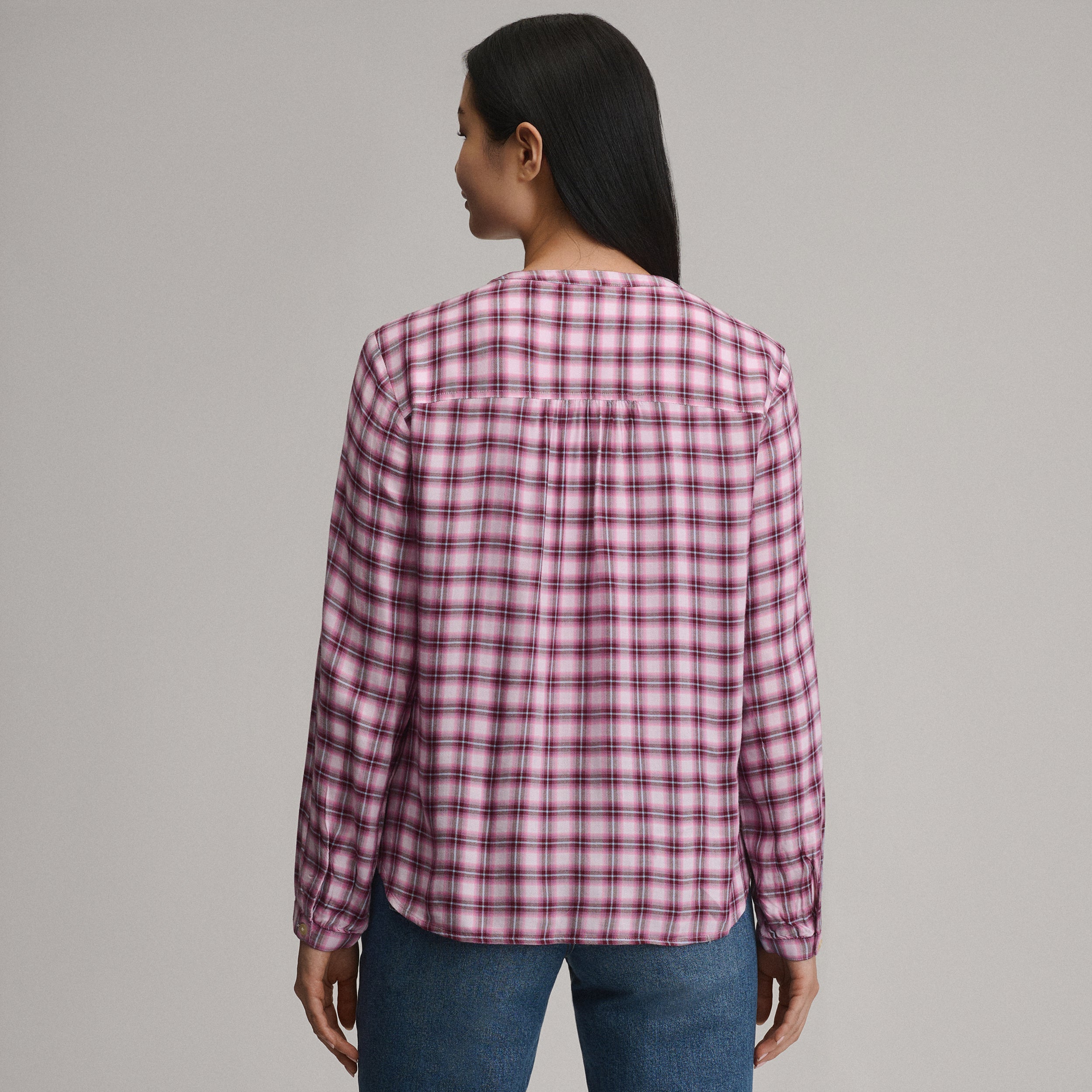 Women's Long-Sleeve Collarless Drapey Plaid Button-Down Shirt - Image 10