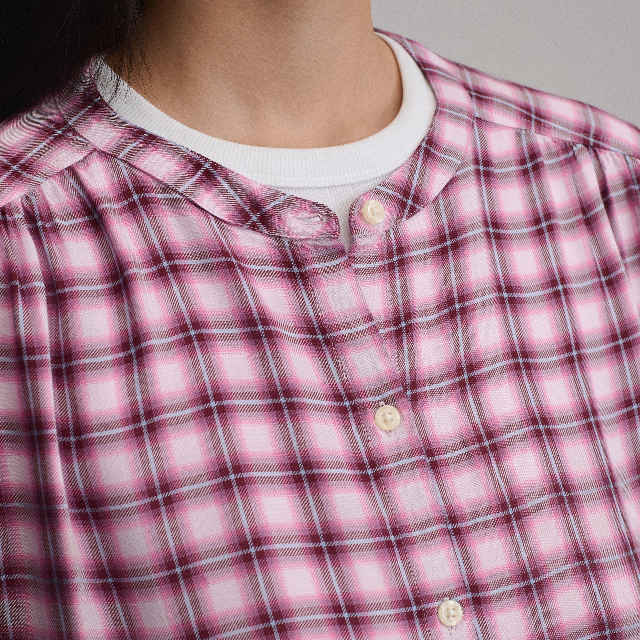 Women's Long-Sleeve Collarless Drapey Plaid Button-Down Shirt - Image 11