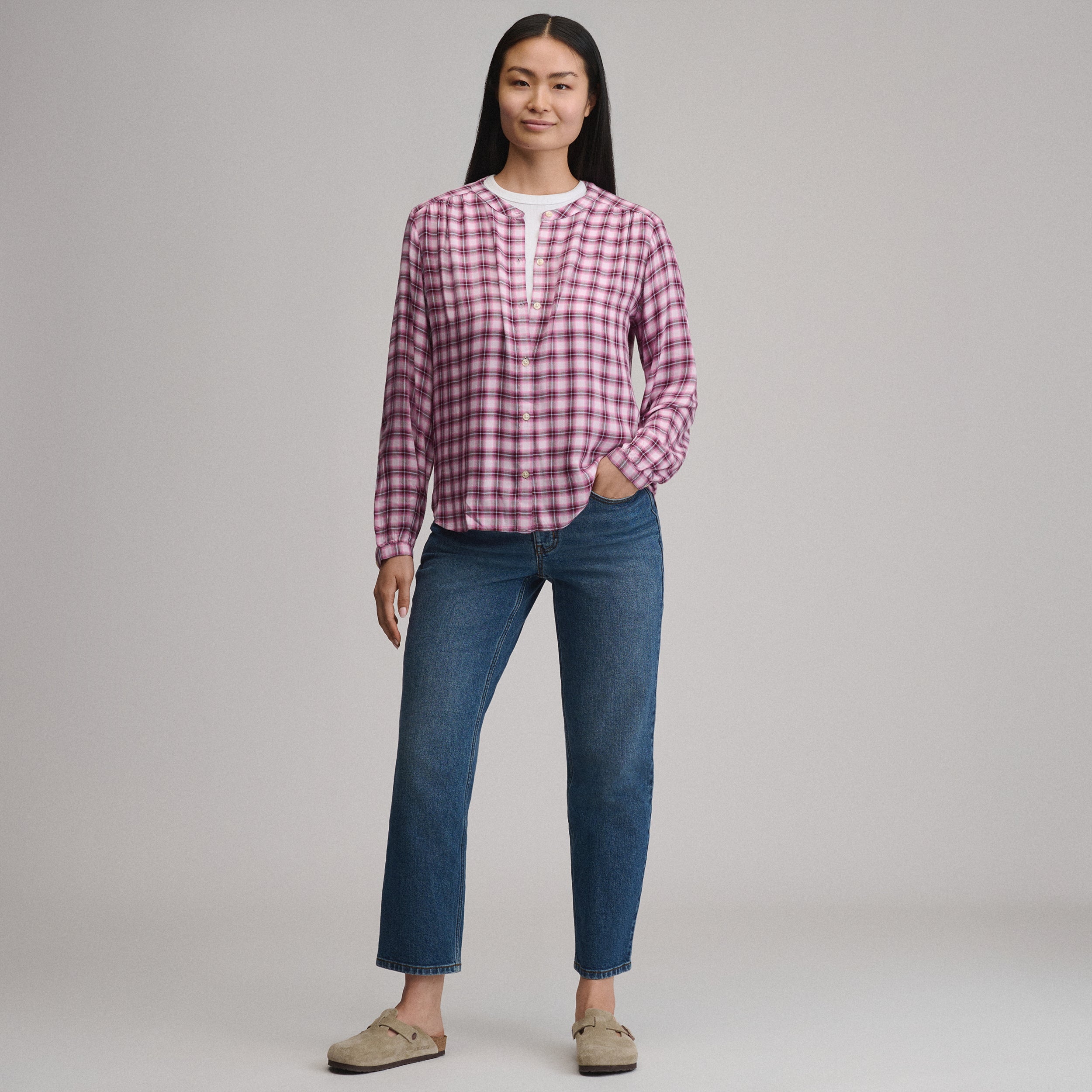 Women's Long-Sleeve Collarless Drapey Plaid Button-Down Shirt - Image 12