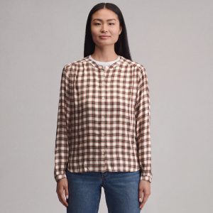 Women's Long-Sleeve Collarless Drapey Plaid Button-Down Shirt