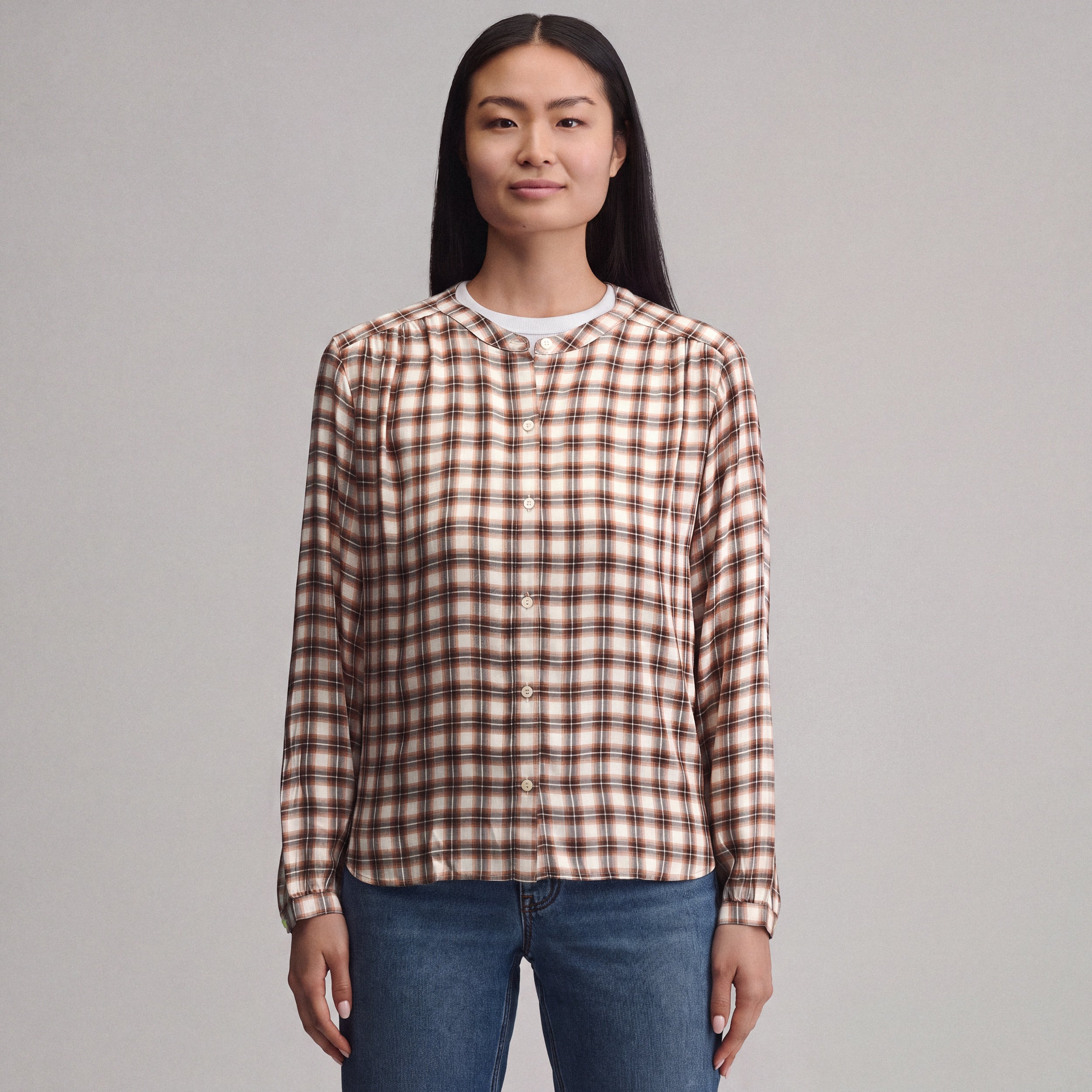 Women's Long-Sleeve Collarless Drapey Plaid Button-Down Shirt
