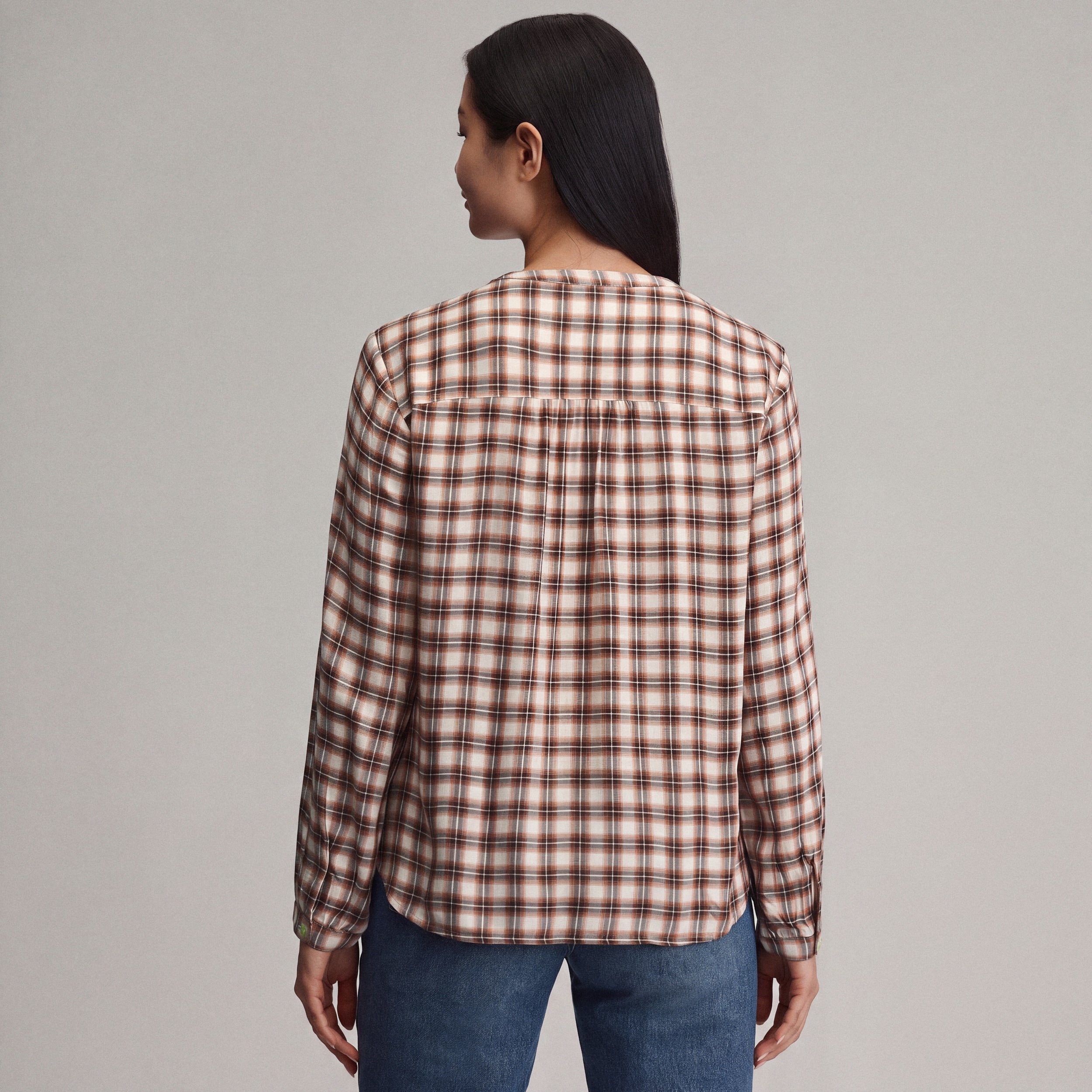 Women's Long-Sleeve Collarless Drapey Plaid Button-Down Shirt - Image 2
