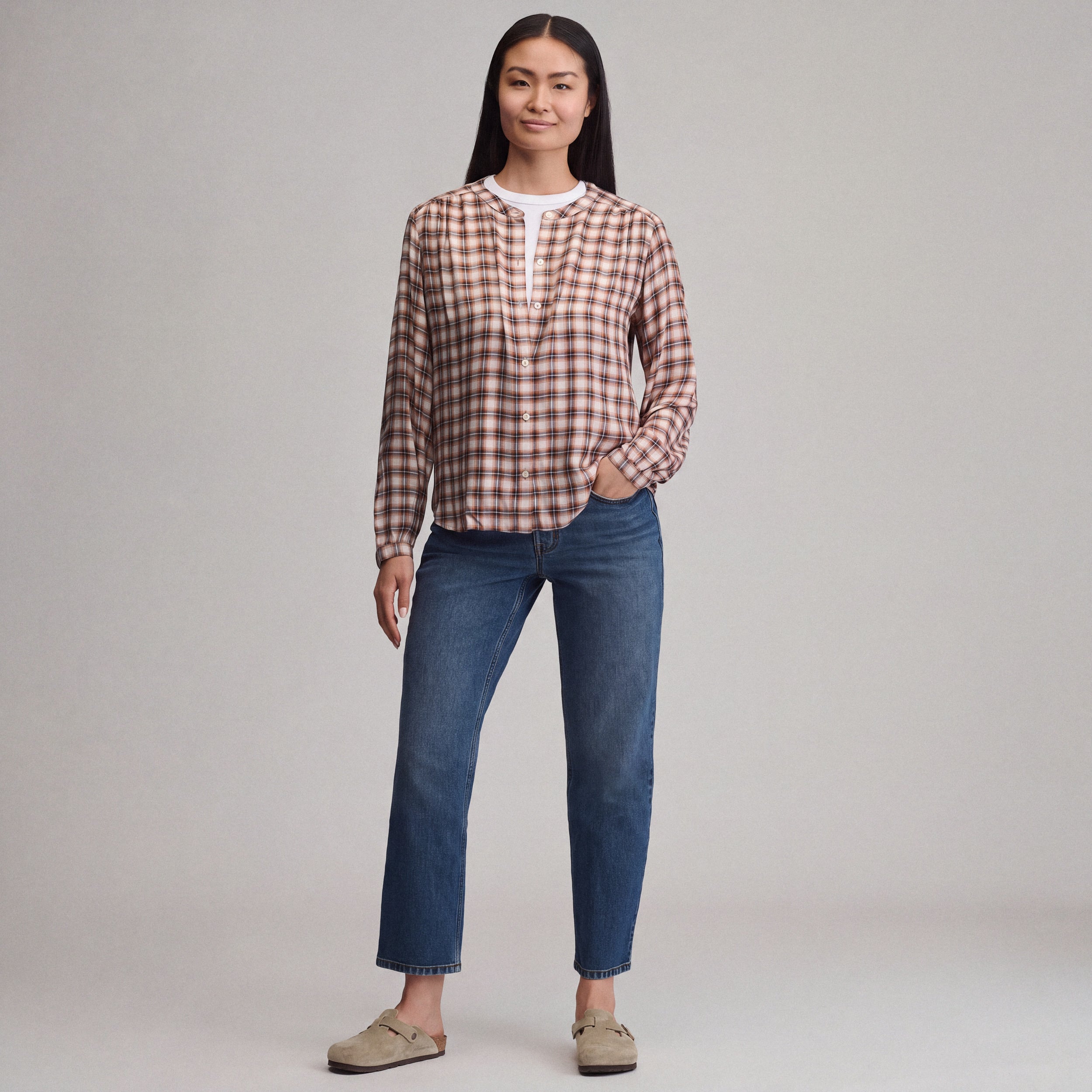 Women's Long-Sleeve Collarless Drapey Plaid Button-Down Shirt - Image 4