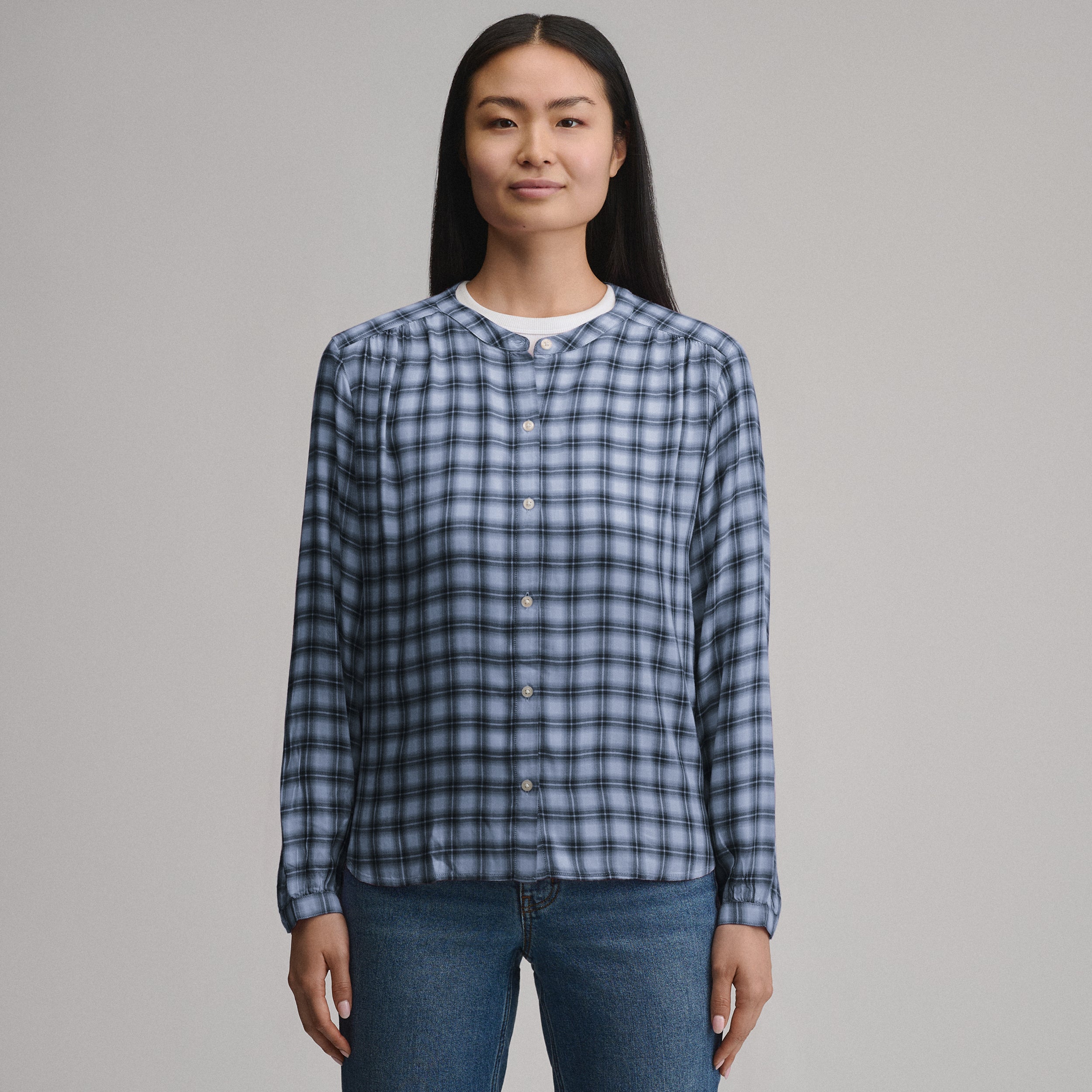 Women's Long-Sleeve Collarless Drapey Plaid Button-Down Shirt - Image 5