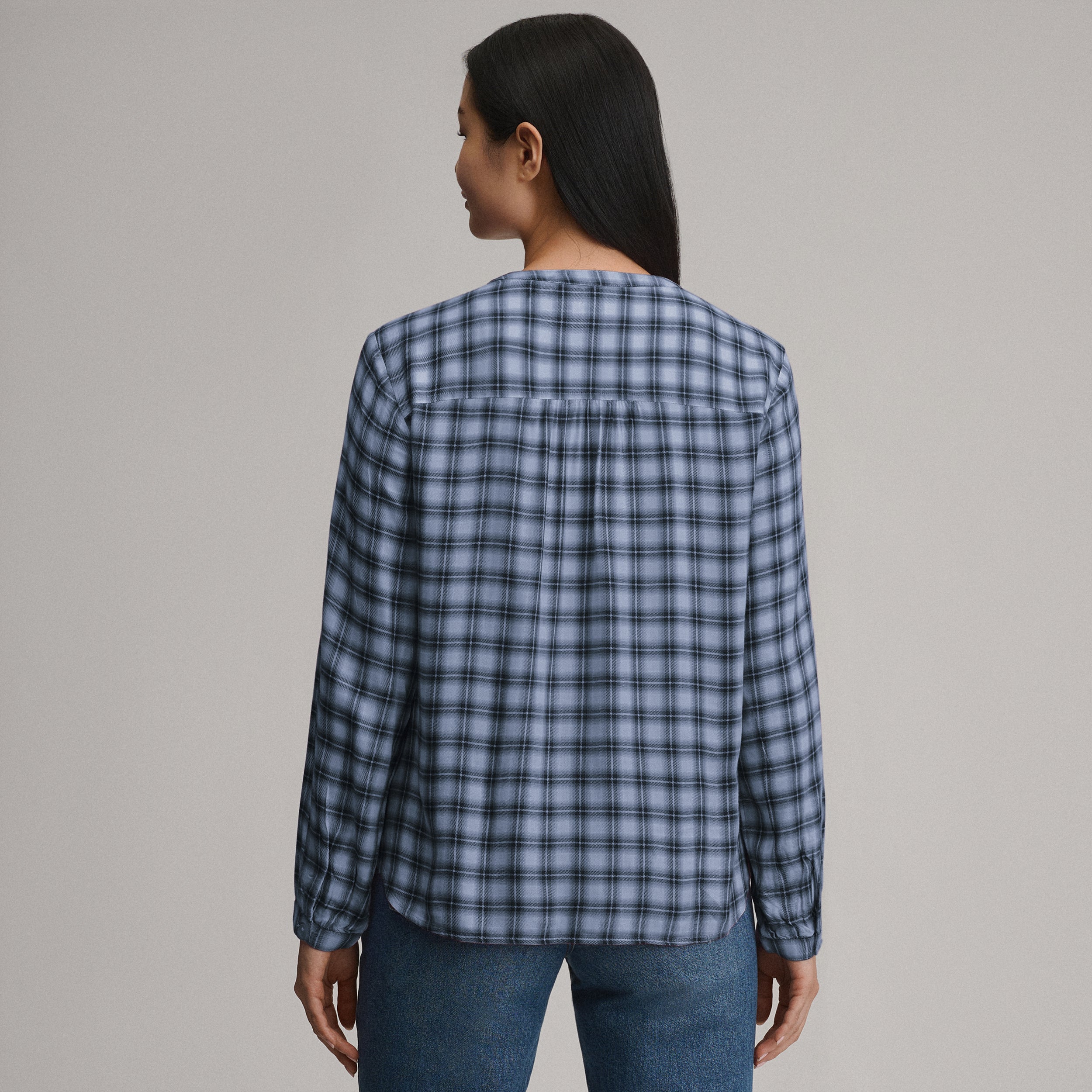 Women's Long-Sleeve Collarless Drapey Plaid Button-Down Shirt - Image 6