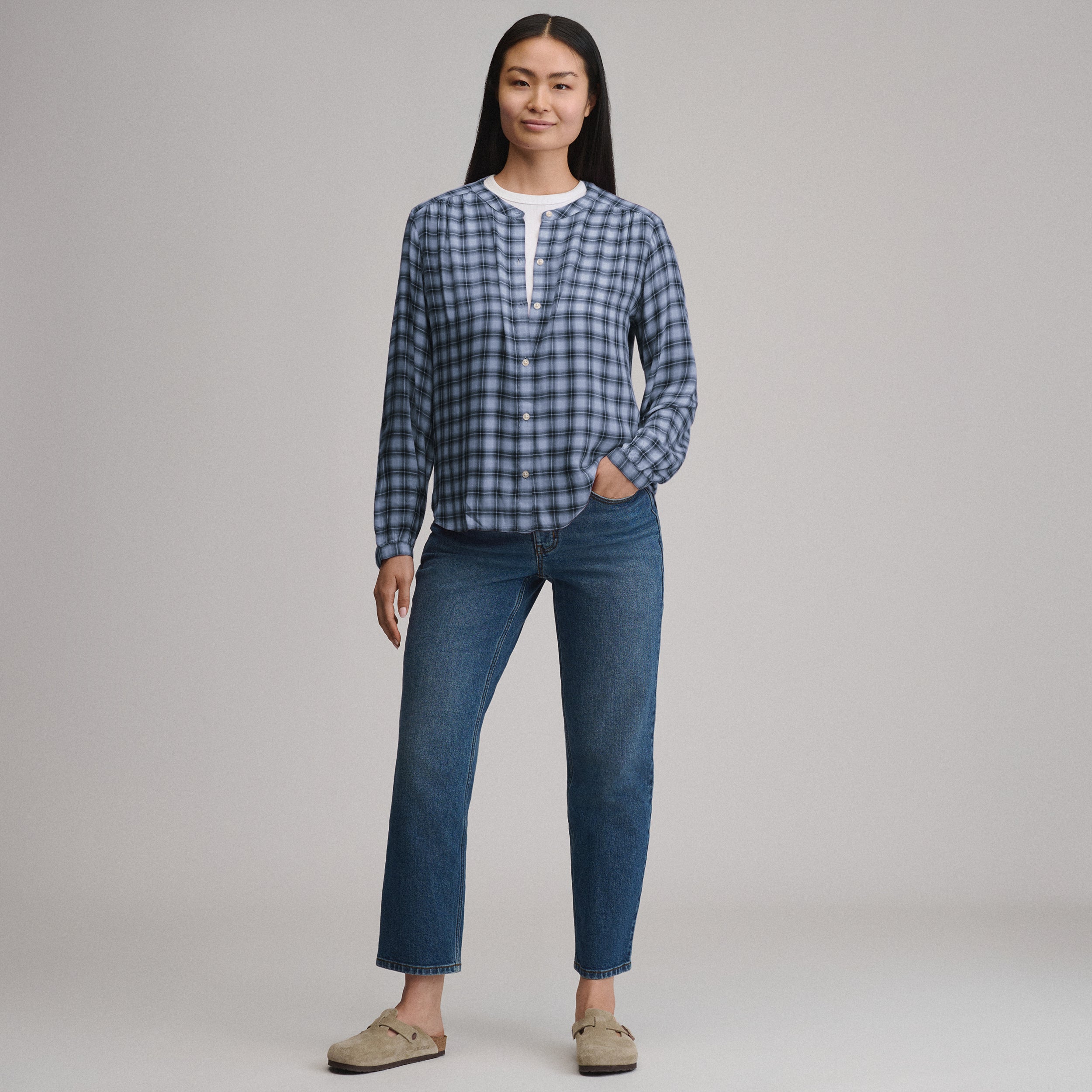 Women's Long-Sleeve Collarless Drapey Plaid Button-Down Shirt - Image 8
